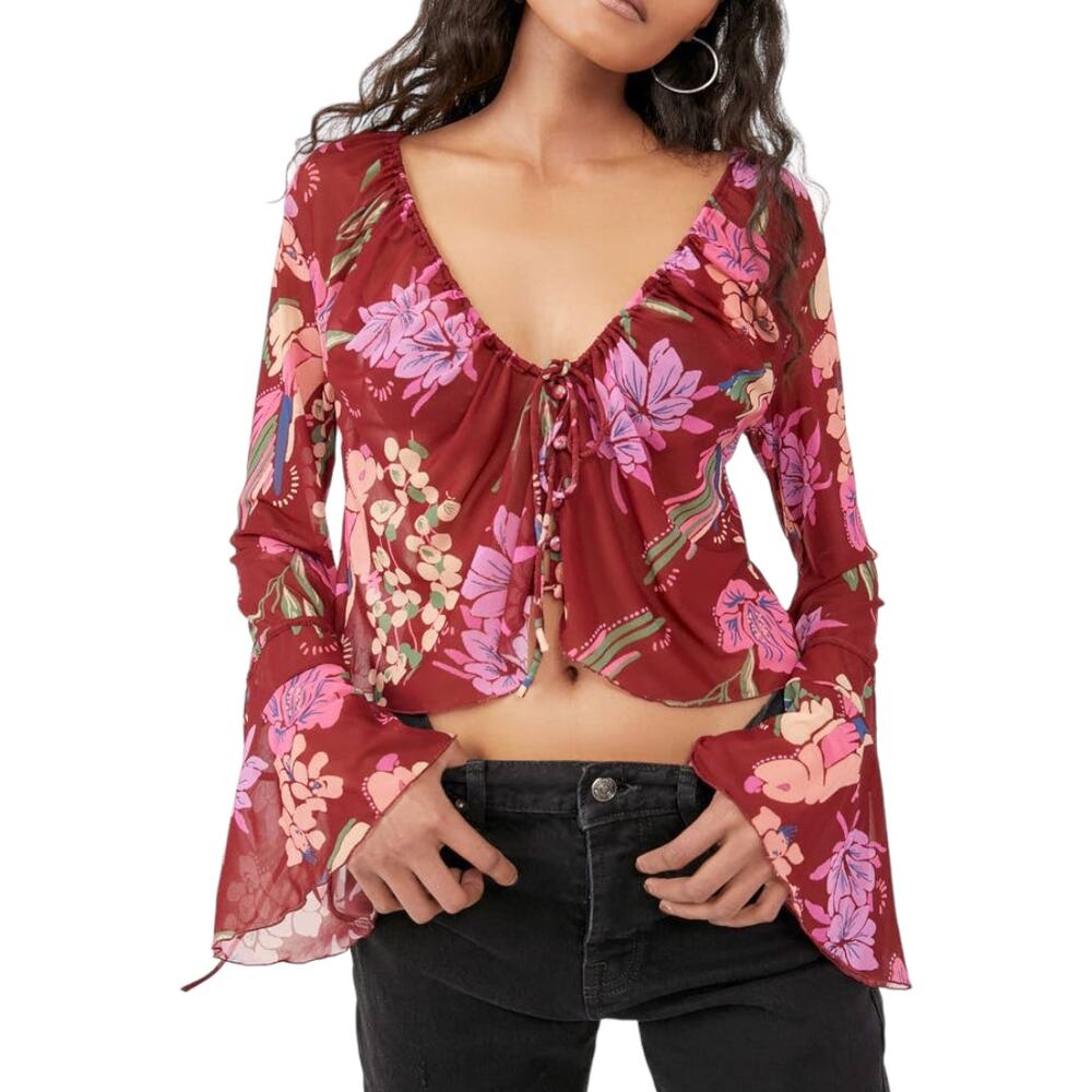 Free People Of Paradise Top Small New Floral Print Mesh Retro Crop Boho Blouse